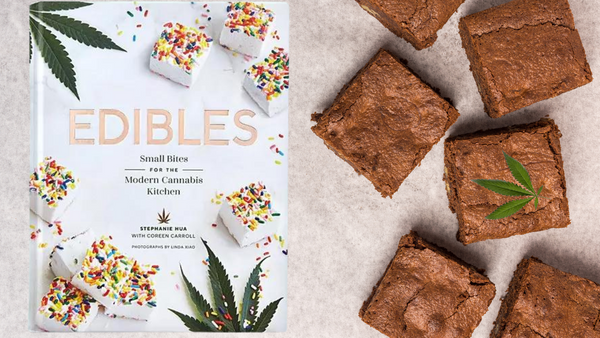 420 Edibles Cooking Book cannabis cookbook on table with weed brownies