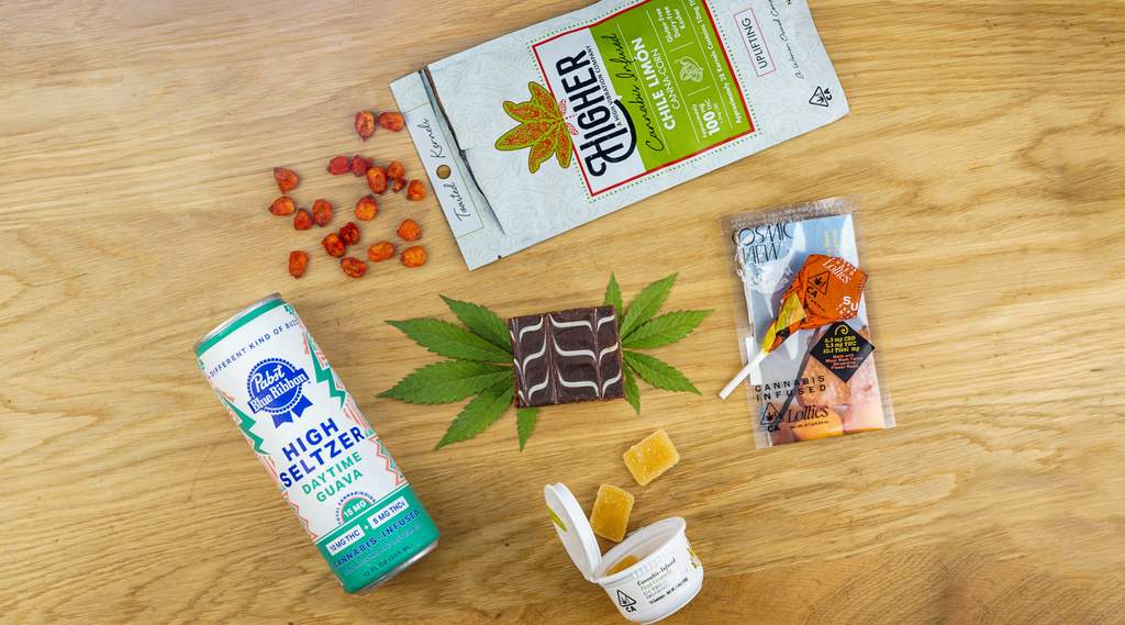different types of weed edibles including a pot brownie, cannabis-infused seltzer, savory edibles, weed gummies, and a marijuana lolipop