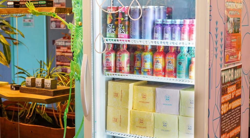 case full of a variety of cannabis drinks at Treehouse dispensary