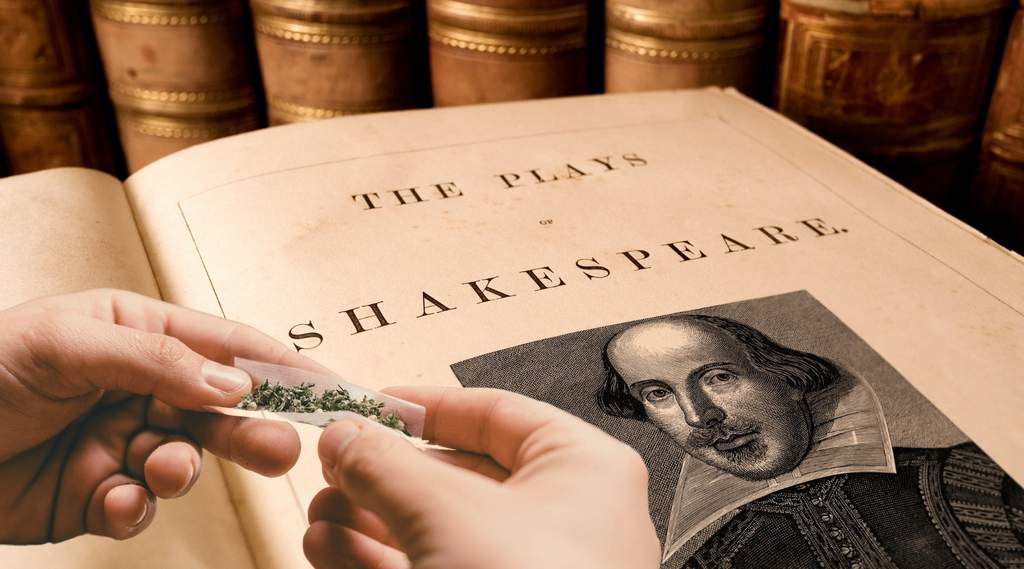 hands rolling a joint over the plays of shakespeare