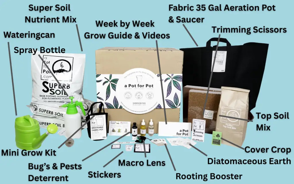 Itemized contents of the 35 gallon a Pot for Pot large outdoor cannabis grow kit, including living soil, massive 35 gallon fabric pot, and seed-to-harvest tools.