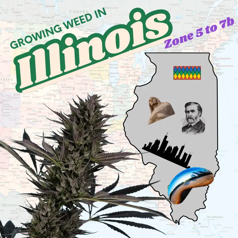 Map of Illinois hardiness zones 5a to 6b for growing cannabis outdoors, featuring a marijuana plant icon and 2026 legal home grow cultivation text.
