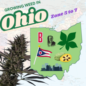 Map of Ohio hardiness zones 5b to 6b for growing cannabis outdoors, featuring a marijuana plant icon and 2026 legal home grow cultivation text.