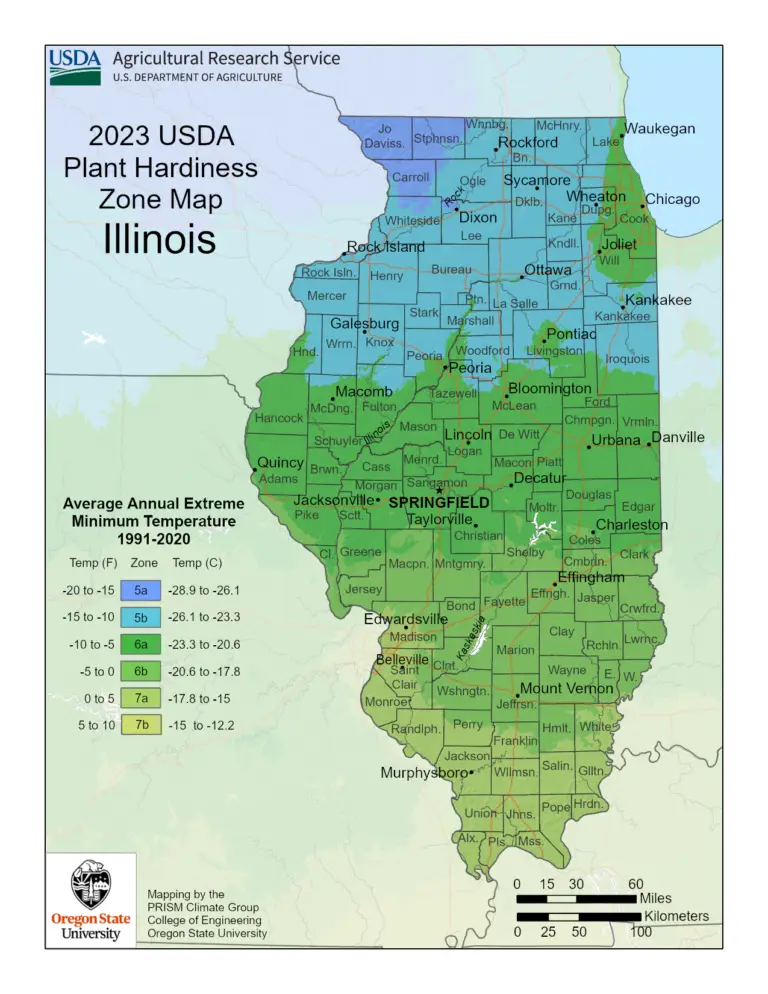 USDA Plant Hardiness Zone map of Illinois showing zones 5a, 5b, 6a, and 6b, highlighting the outdoor growing season for cannabis cultivation.