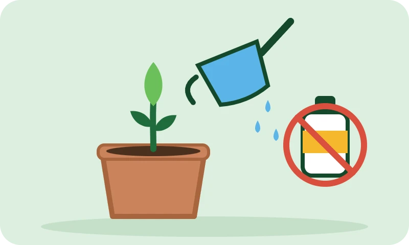 Watering can pouring on a potted plant next to a crossed-out nutrient bottle: Superb Soil needs no added nutrients